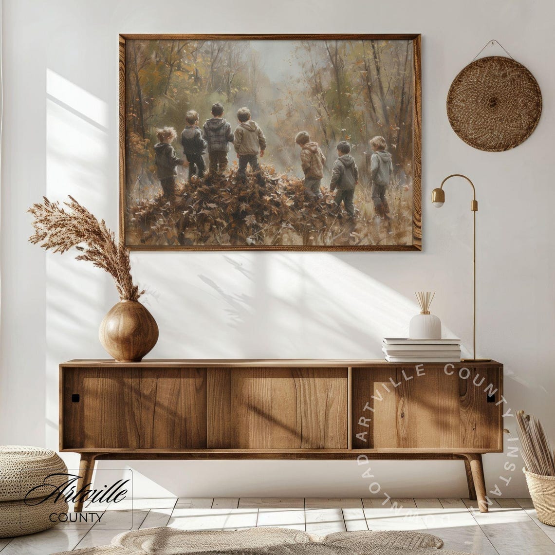 Children Playing in Autumn Leaves Nostalgic Fall Painting Poster - Image 4