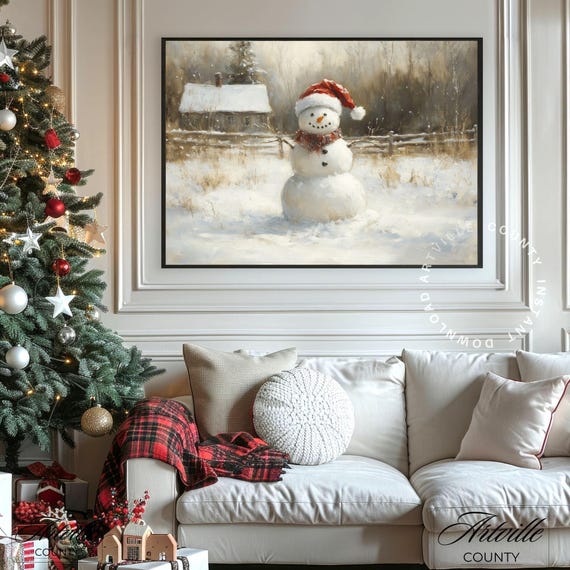Cute Snowman in Santa Hat Snowy Cabin Vintage Christmas Painting Poster