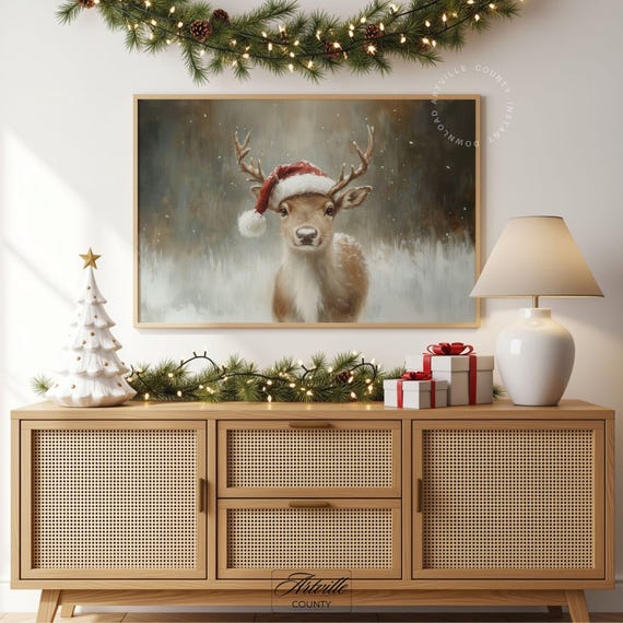 Vintage Deer Wearing Santa Hat Christmas Snowfall Animal Poster