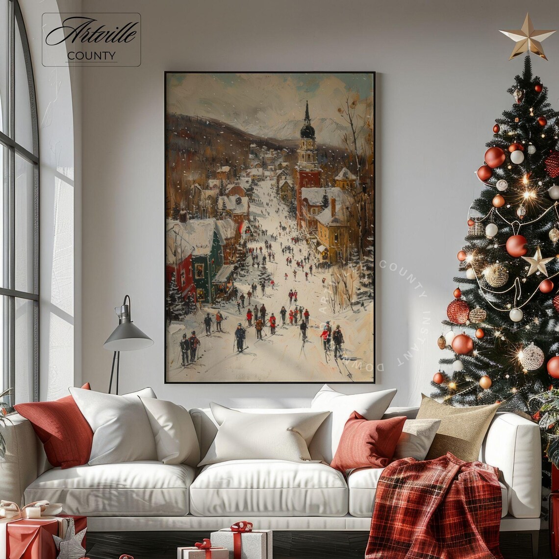 Vintage Ski Village Winter Landscape Art Print - Image 2