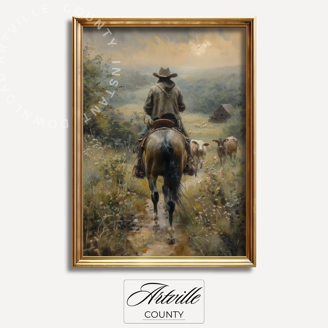 Cowboy Riding Horse Through Wildflowers At Sunset Western Poster - Image 2