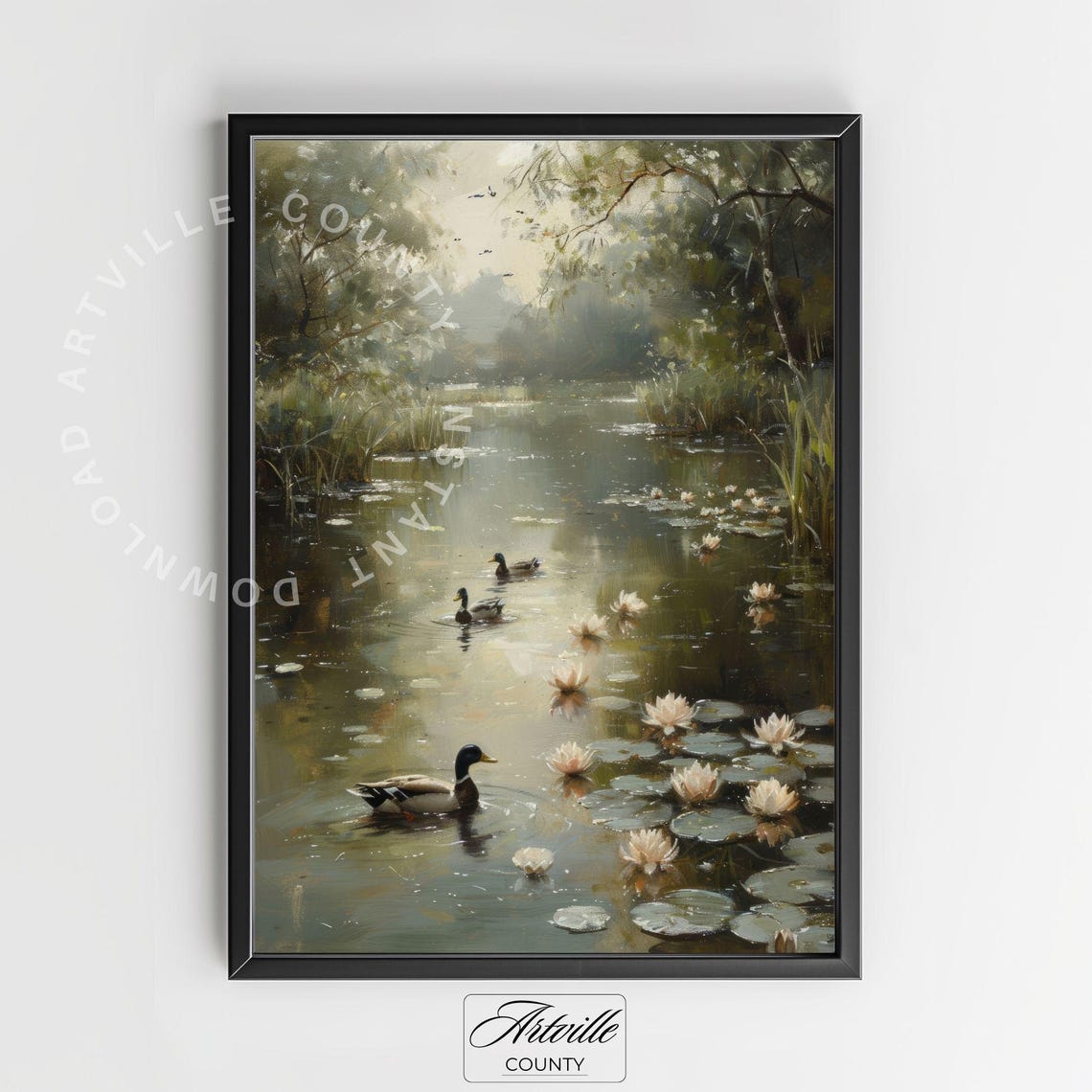 Mallard Ducks Swimming Pond Water Lily Vintage Landscape Poster - Image 2