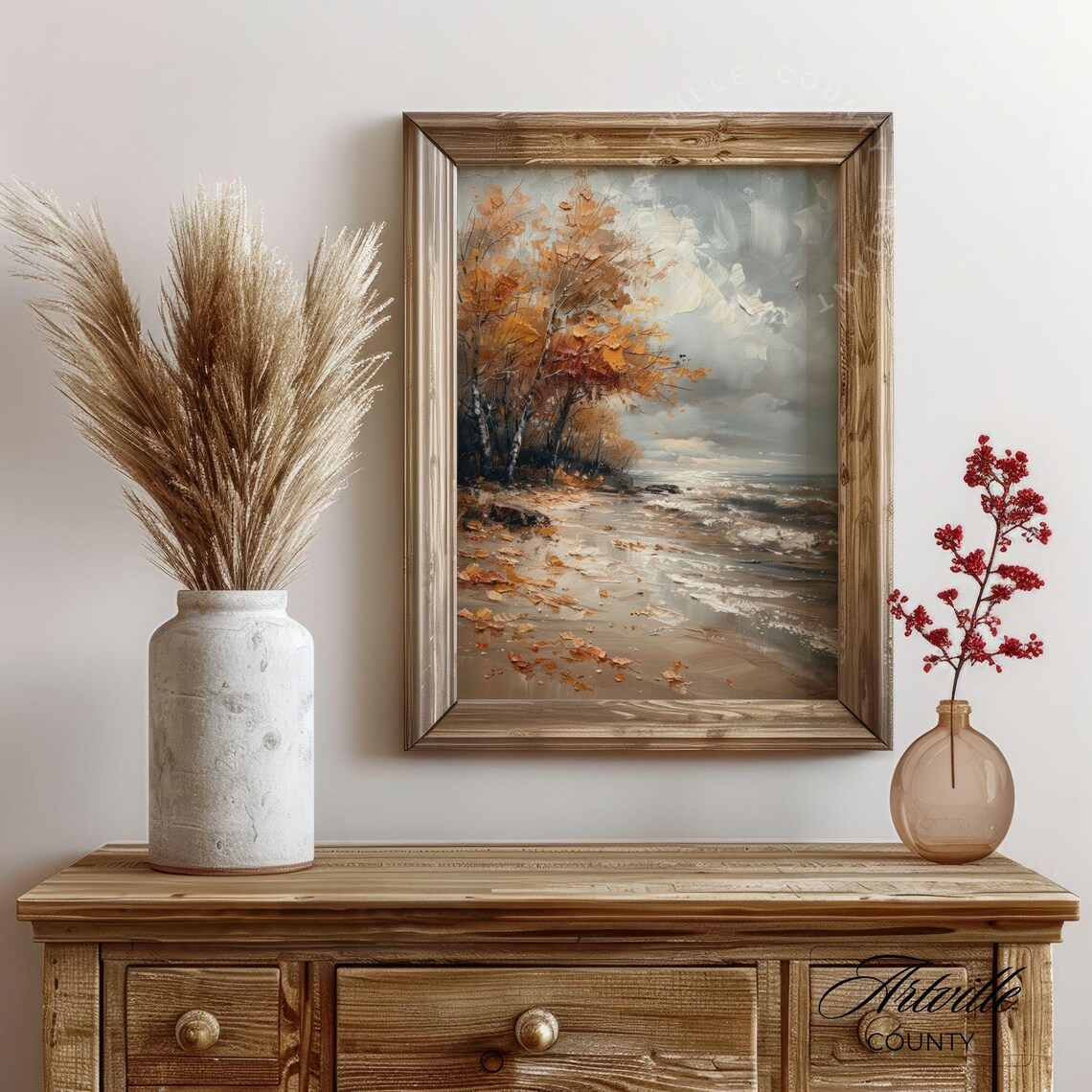 Fall Coastal Landscape Painting, Moody Autumn Seascape - Image 5