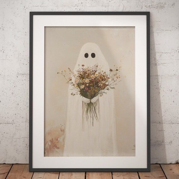 Sheeted Ghost With Wildflowers Soft Beige Print With White Mat Border