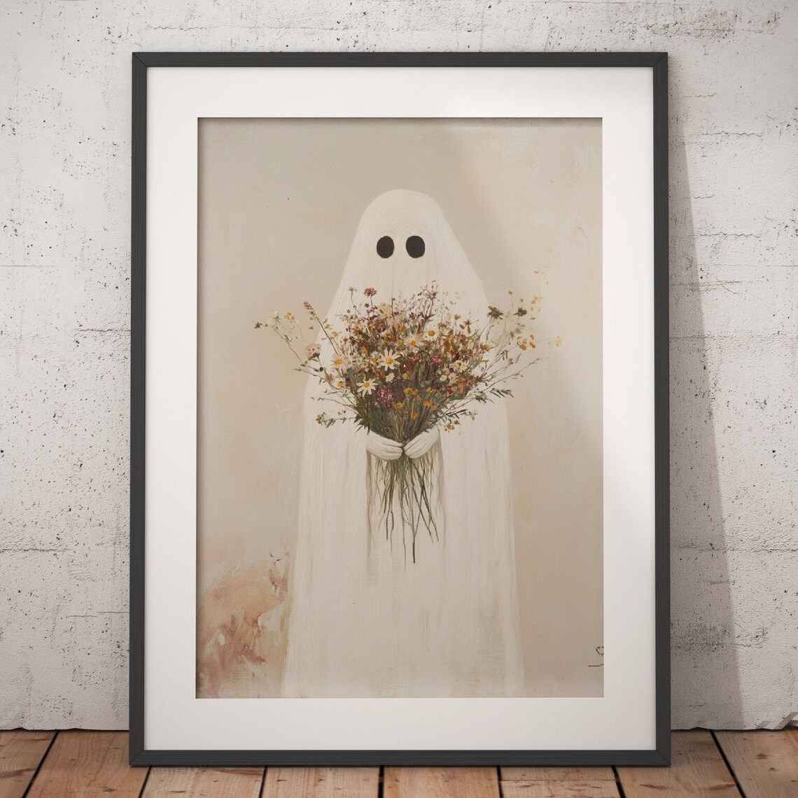 Sheeted Ghost With Wildflowers Soft Beige Print With White Mat Border