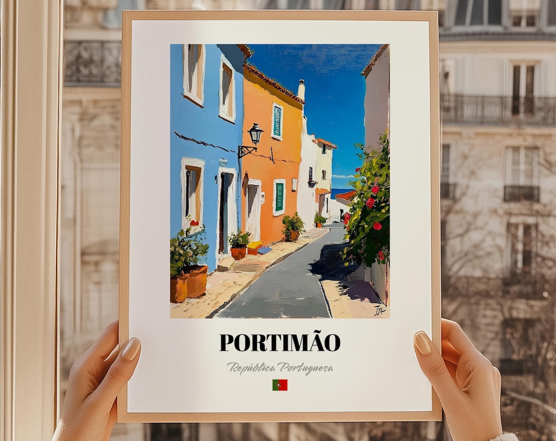 Portimão Portugal Colorful Old Town Street Oil Painting Poster