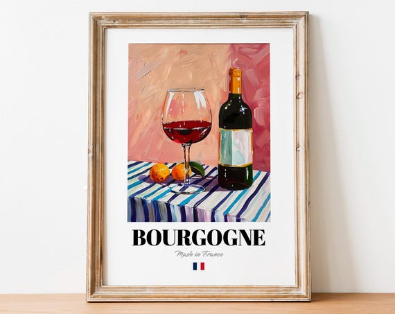 Bourgogne French Red Wine Bottle Glass Still Life Vintage Poster