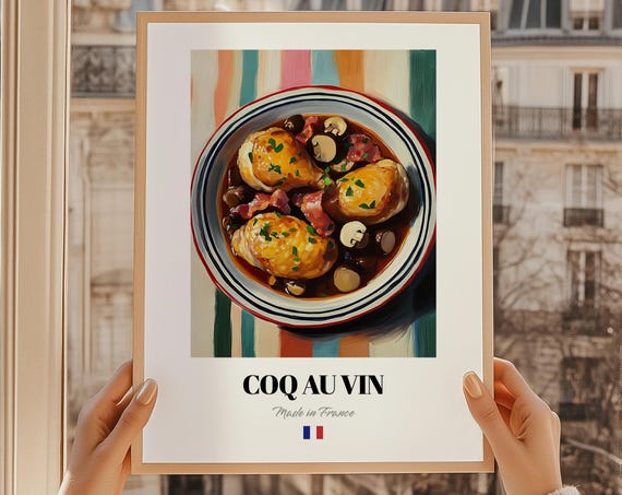 Coq Au Vin French Food Wall Art Cafe Menu Template Wedding Buffet Retro Cooking Print Kitchen