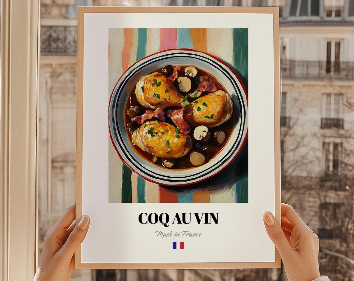 Coq Au Vin French Food Wall Art Cafe Menu Template Wedding Buffet Retro Cooking Print Kitchen