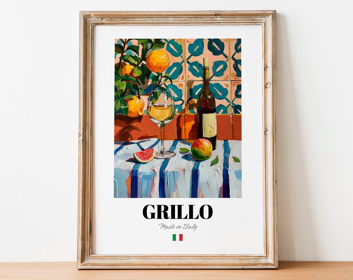 Vintage Grillo Bottle Print Poster Italian Vineyard Art For Homes