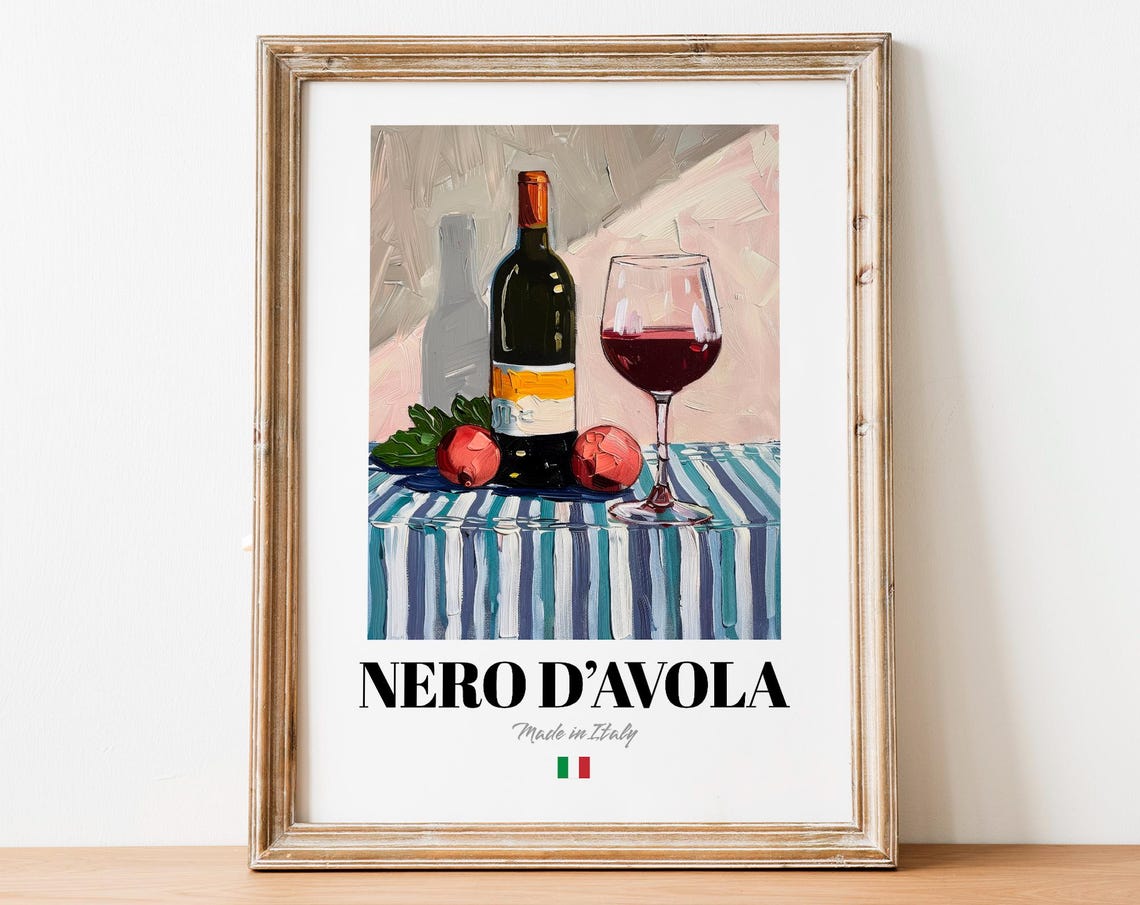 Nero d'Avola Italian Wine Painting Bottle Glass Pomegranate Still Life Poster