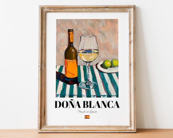 Doña Blanca Spanish White Wine Bottle Lime Still Life Art Poster