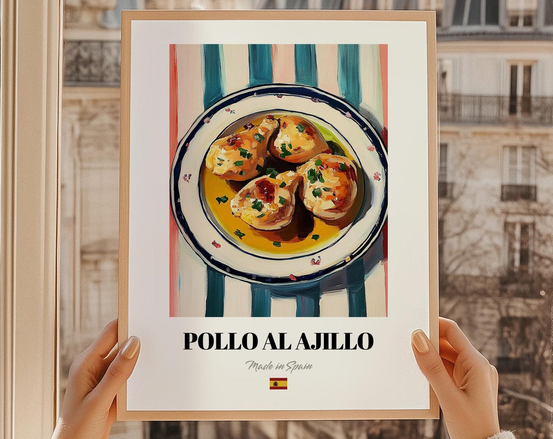 Pollo al Ajillo Spanish Garlic Chicken Rustic Art Kitchen Poster