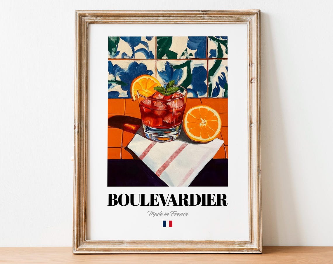 Boulevardier Whiskey Cocktail Rocks Glass Orange Mint Still Life Poster