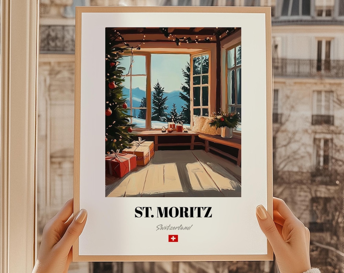 St Moritz Switzerland Christmas Cabin Open Windows Mountain View Poster