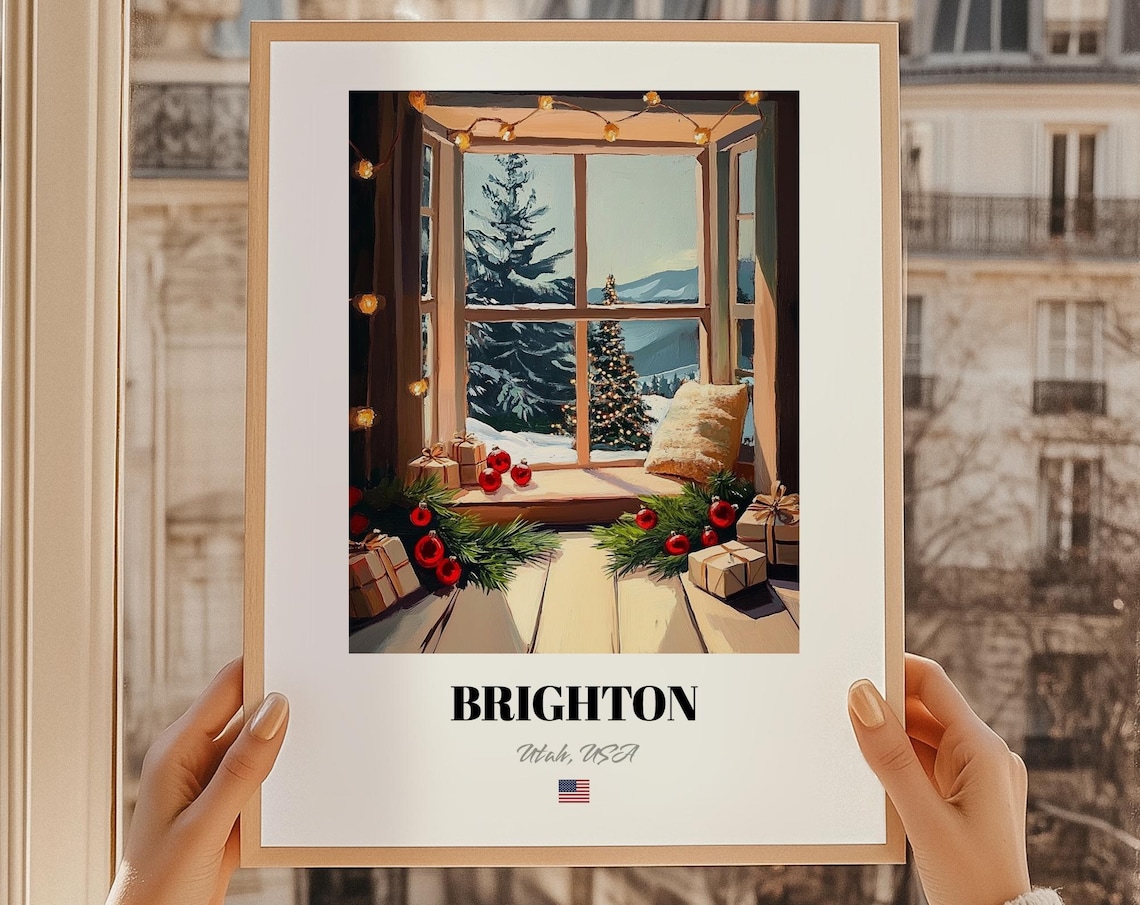Brighton Utah USA Cozy Christmas Cabin Window Garland Scene Poster