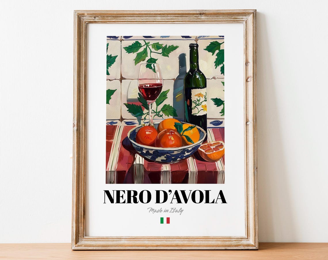 Nero d'Avola Italian Wine Painting Bottle Glass Blood Orange Bowl Poster