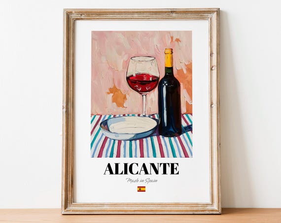 Alicante Spanish Red Wine Glass Bottle Bistro Still Life Poster