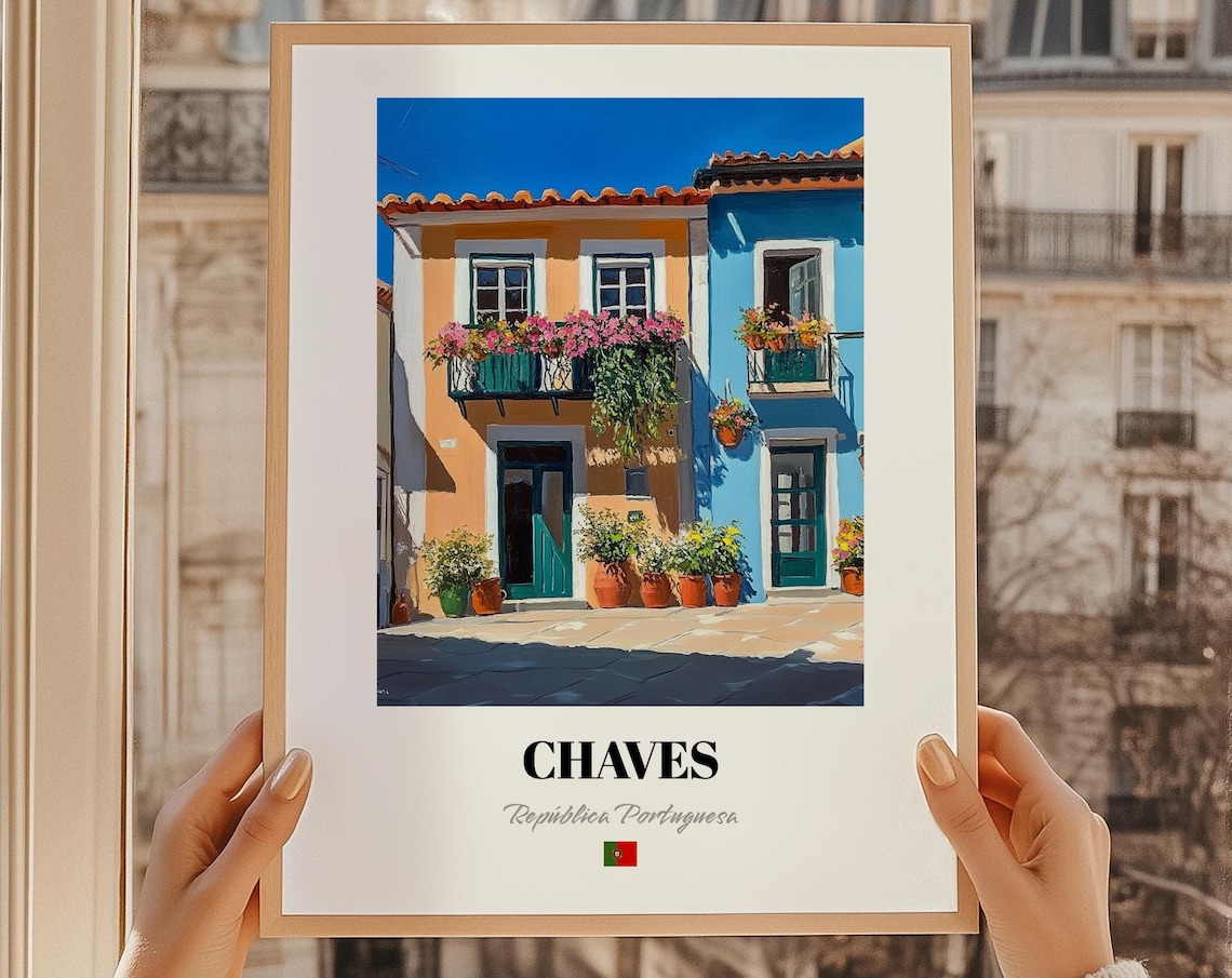 Chaves Portugal Flower Balcony Street Oil Painting Travel Poster