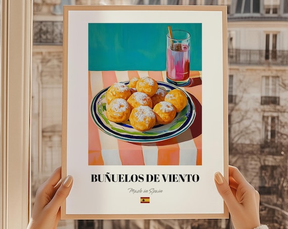 Buuelos De Viento Spanish Dessert Poster Pudding Recipes Kitchen Art Cookbook Template Wall