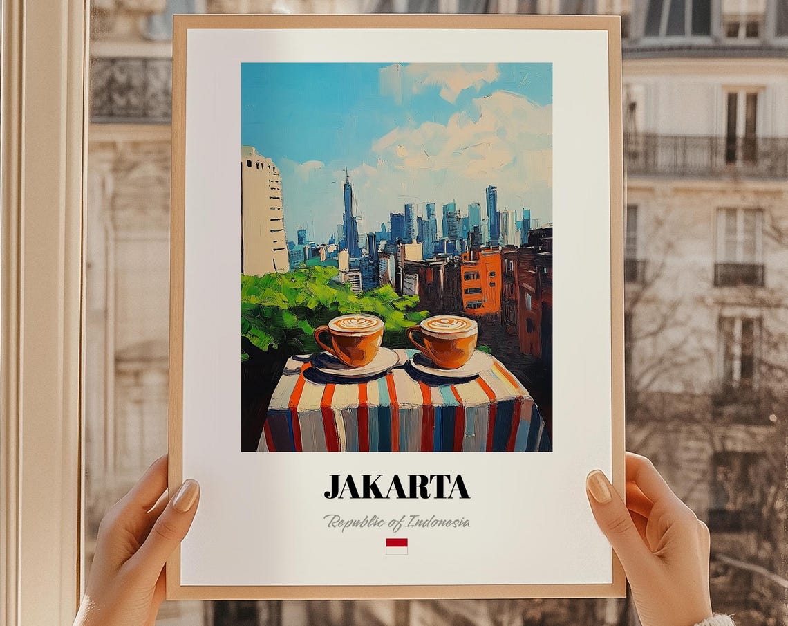 Jakarta Indonesia City Skyline Two Coffees Rooftop View Poster