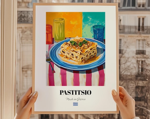 Pastitsio Greek Pasta Bake Colorful Kitchen Illustration Poster