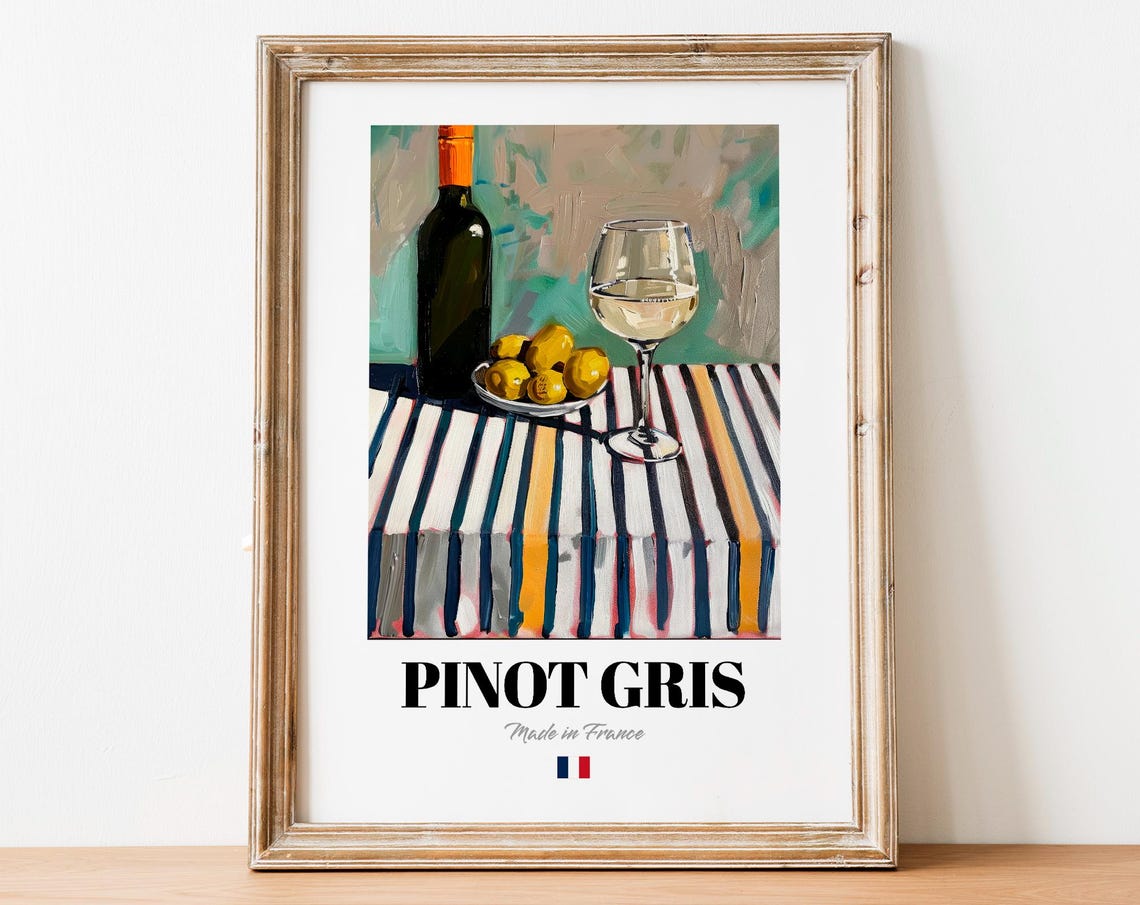 Pinot Gris French Wine Still Life Plums Striped Cloth Art Poster