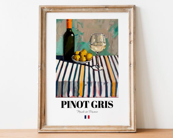 Pinot Gris French Wine Still Life Plums Striped Cloth Art Poster