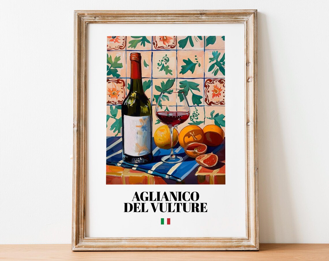 Vintage Aglianico Bottle Print Poster Rich Red Wine Art For Kitchens
