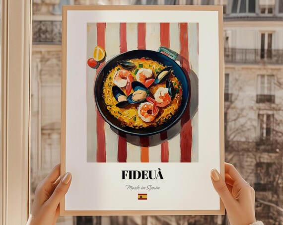 Fideua Spanish Seafood Noodle Pan Coastal Art Kitchen Poster