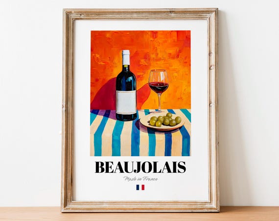 Beaujolais French Red Wine Bottle Glass and Grapes Table Poster