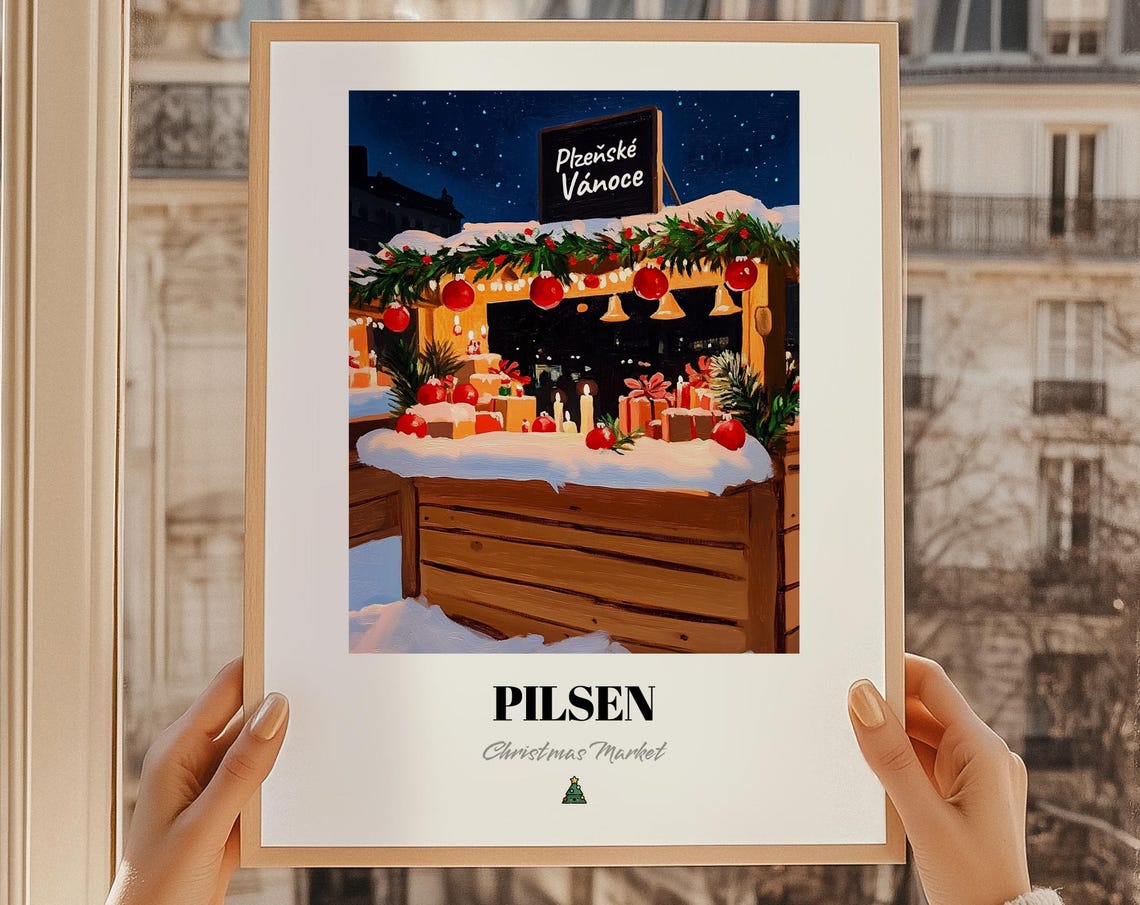 Pilsen Czech Christmas Market Poster Snowy Night Stall Holiday Travel