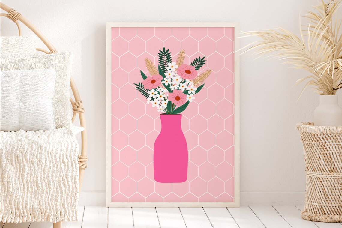 Pink Flower Tiled Vase Art Print, Botanical Decor