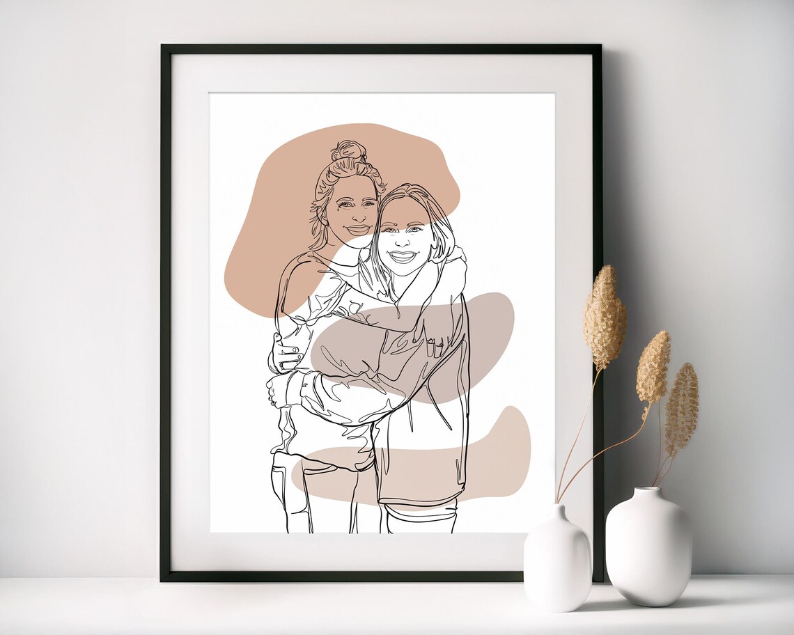 Western Couple in Cowboy Hats With Dog Custom Line Art Portrait Poster - Image 3