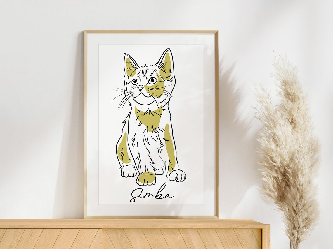 Personalized Cat Line Drawing Pet Portrait, Art Print