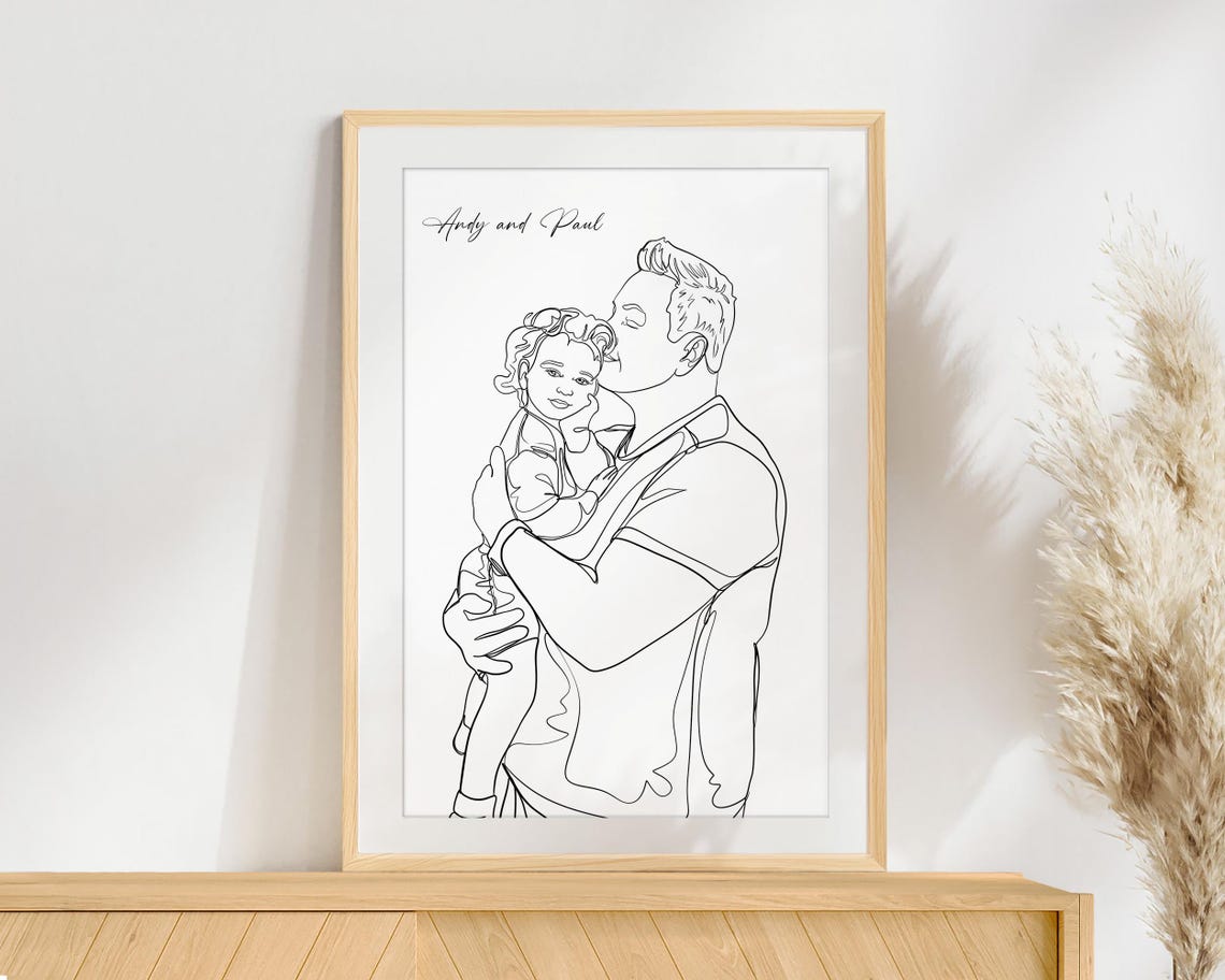 Dad Holding Toddler with Pacifier Line Portrait Sage Accents Poster - Image 3