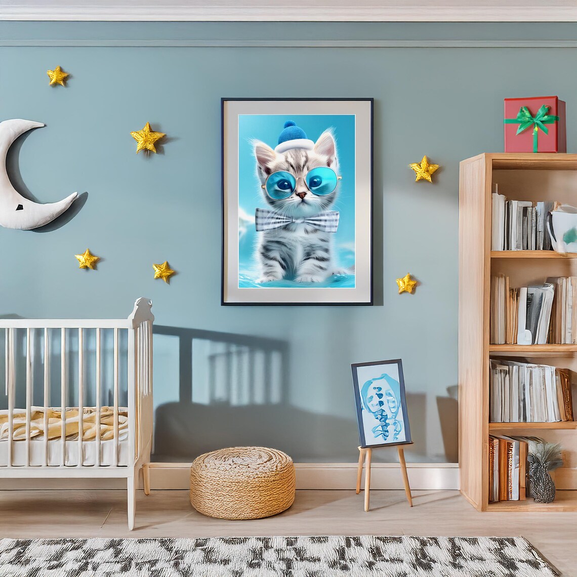 Cool Kitten in Blue Sunglasses Knit Hat and Bow Tie Art Poster - Image 2