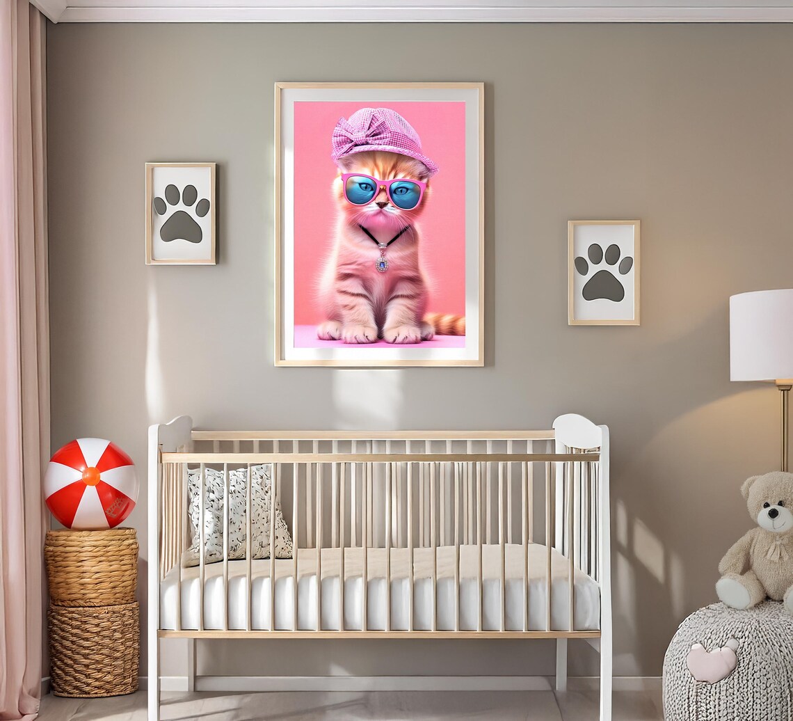 Fashionista Kitten in Pink Sunglasses Hat and Jewel Necklace Poster - Image 3