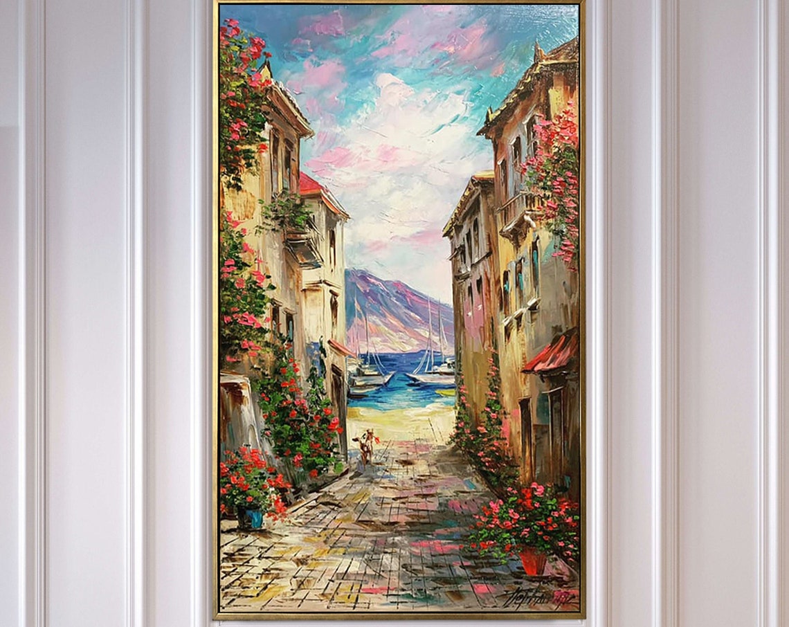 Large Italy Oil Painting Original Cinque Terre Italy Painting On Riomaggiore Framed Artwork Large Italian Oil Painting Italy Wall Art - Image 3