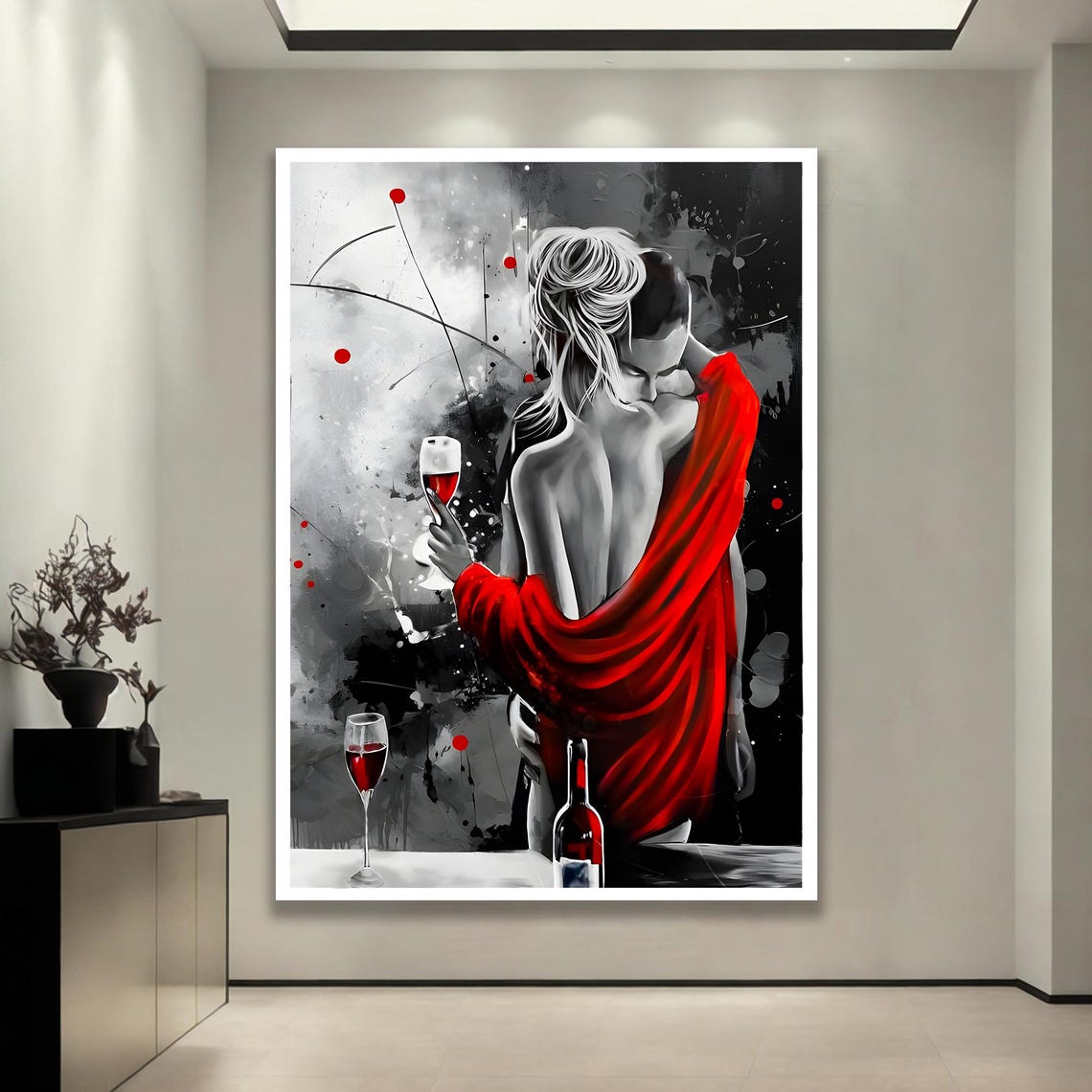 Romantic Couple Red Dress Wine Modern Love Artwork Canvas Poster