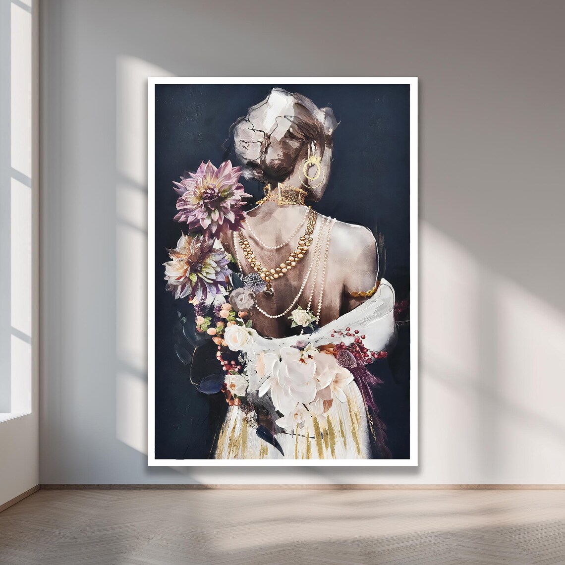 Elegant Woman Gold Pearl Necklaces Floral Portrait Painting Poster