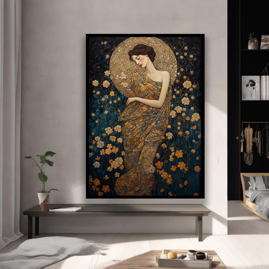Floral Goddess Woman in Golden Flower Field Klimt Style Art Poster