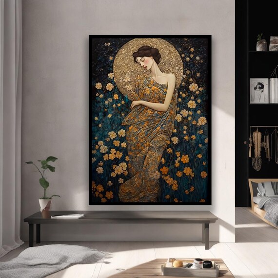 Floral Goddess Woman in Golden Flower Field Klimt Style Art Poster