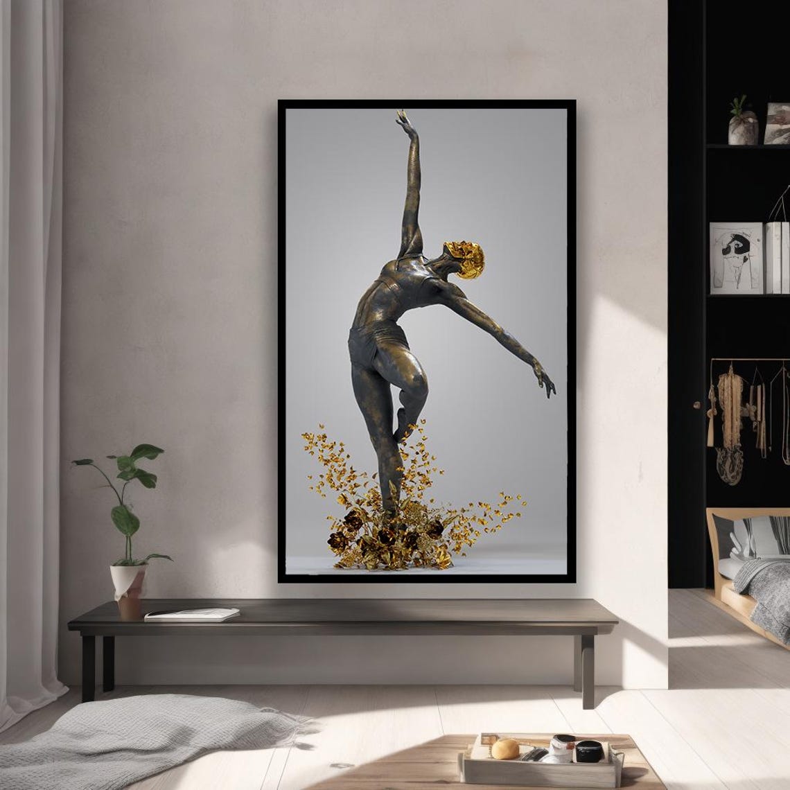 Bronze Ballerina Dancer Sculpture Gold Petals Elegant Poster