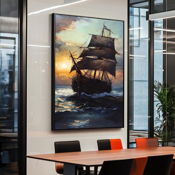Antique Pirate Ship Oil Painting Dark Sails Sunset Sea Poster
