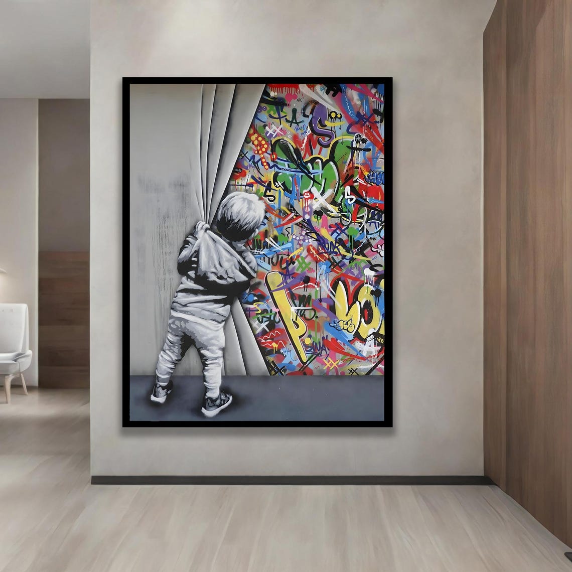 Curious Child Pulling Curtain Revealing Colorful Graffiti Wall Poster