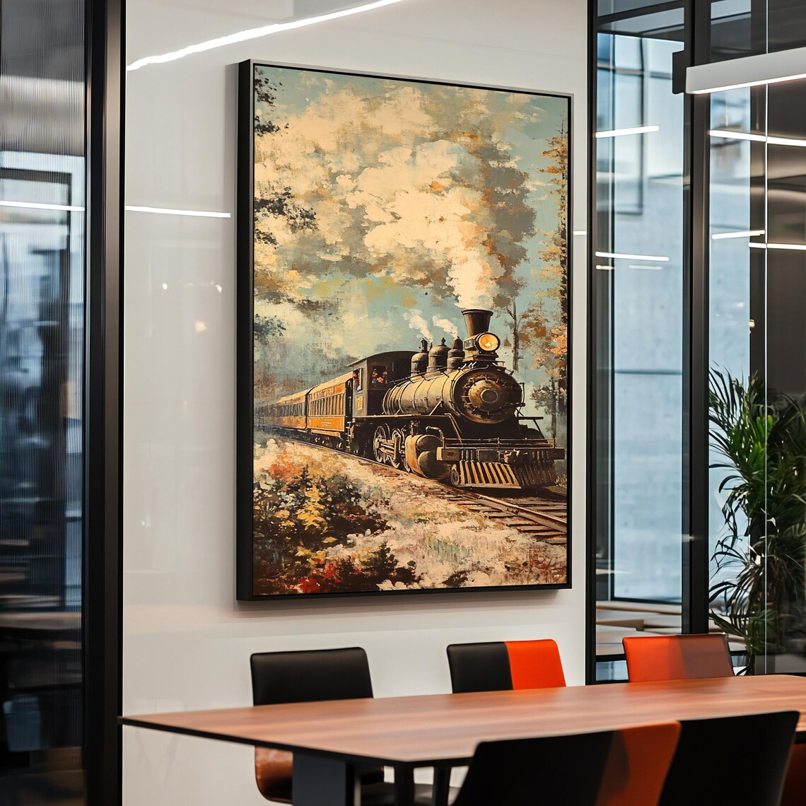 Vintage Steam Locomotive Oil Painting Autumn Classic Train Art Poster