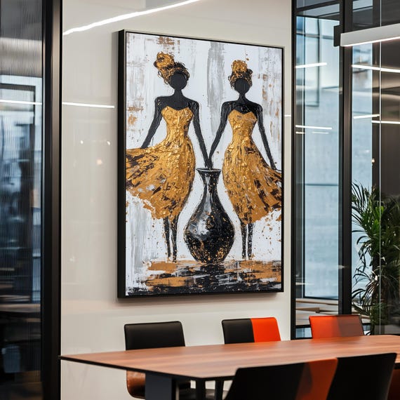 Framed African Women Art Print Gold Black Abstract Painting