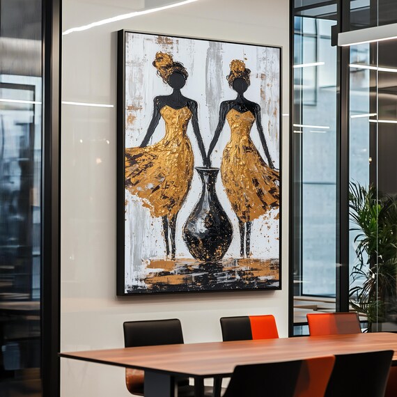 Two African Women in Gold Dresses Abstract Black Gold Wall Art