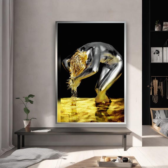 Gold Black Figurative Art Metallic Nude Body Water Reflection Wall Print